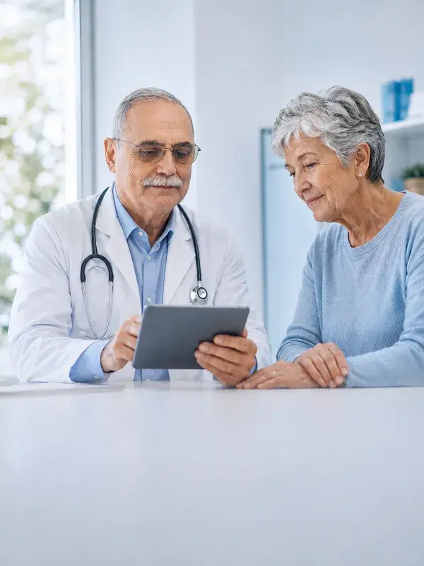 Consulta médica revisando historia clínica y objetivos del paciente antes de la evaluación
