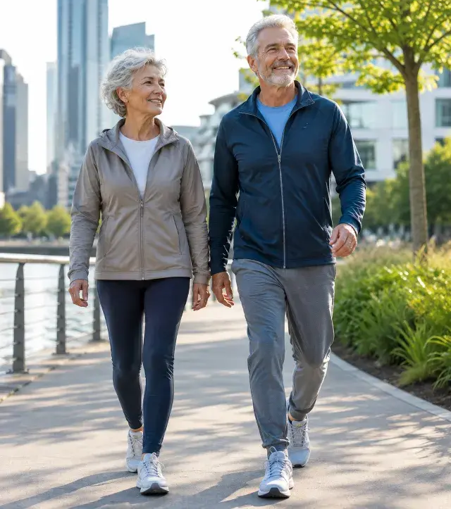 Pareja mayor caminando al aire libre, ejemplo de longevidad funcional y movilidad sostenida en el tiempo