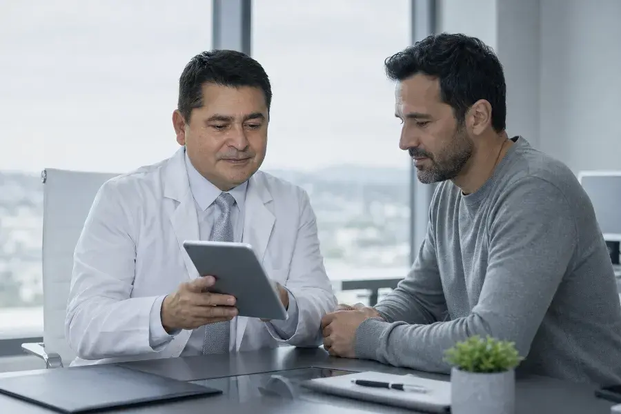 Consulta médica revisando historia clínica y objetivos del paciente en el Healthspan Programme