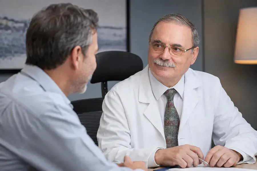 Paciente conversando con su médico durante una sesión de seguimiento de largo plazo