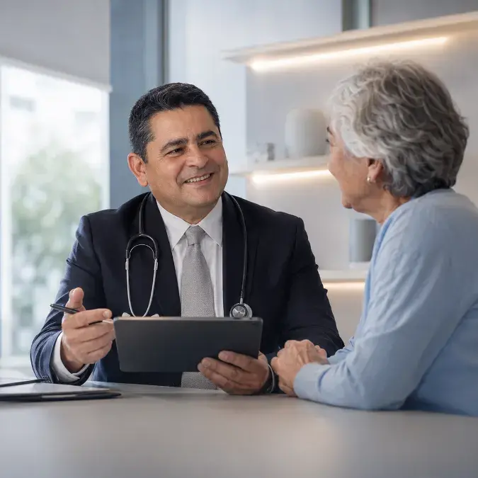 Consulta médica evaluando historia clínica y estudios del hombro