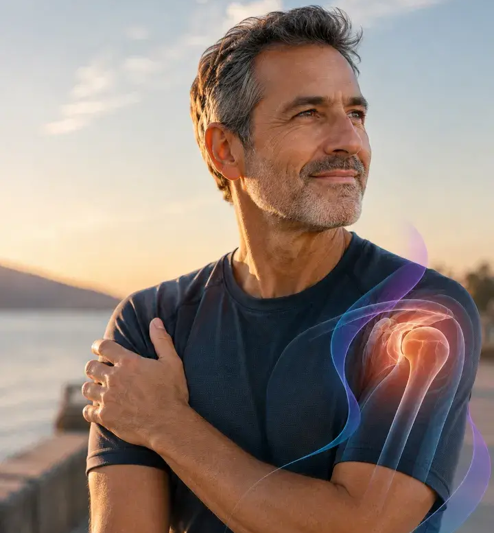 Persona evaluando su hombro como parte del diagnóstico de terapia celular en LYRACELL