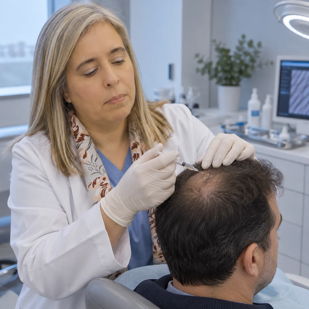Aplicación de terapia celular mediante microinyecciones en el cuero cabelludo