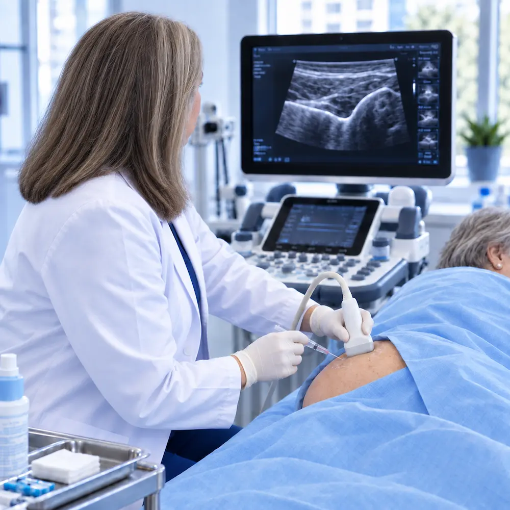 Médico aplicando terapia celular guiada por ecografía en la cadera del paciente