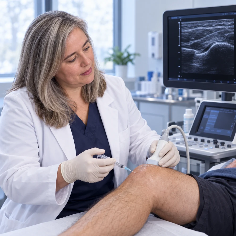 Aplicación — tratamiento de rodilla Aplicación guiada por imágenes de la terapia celular en la rodilla