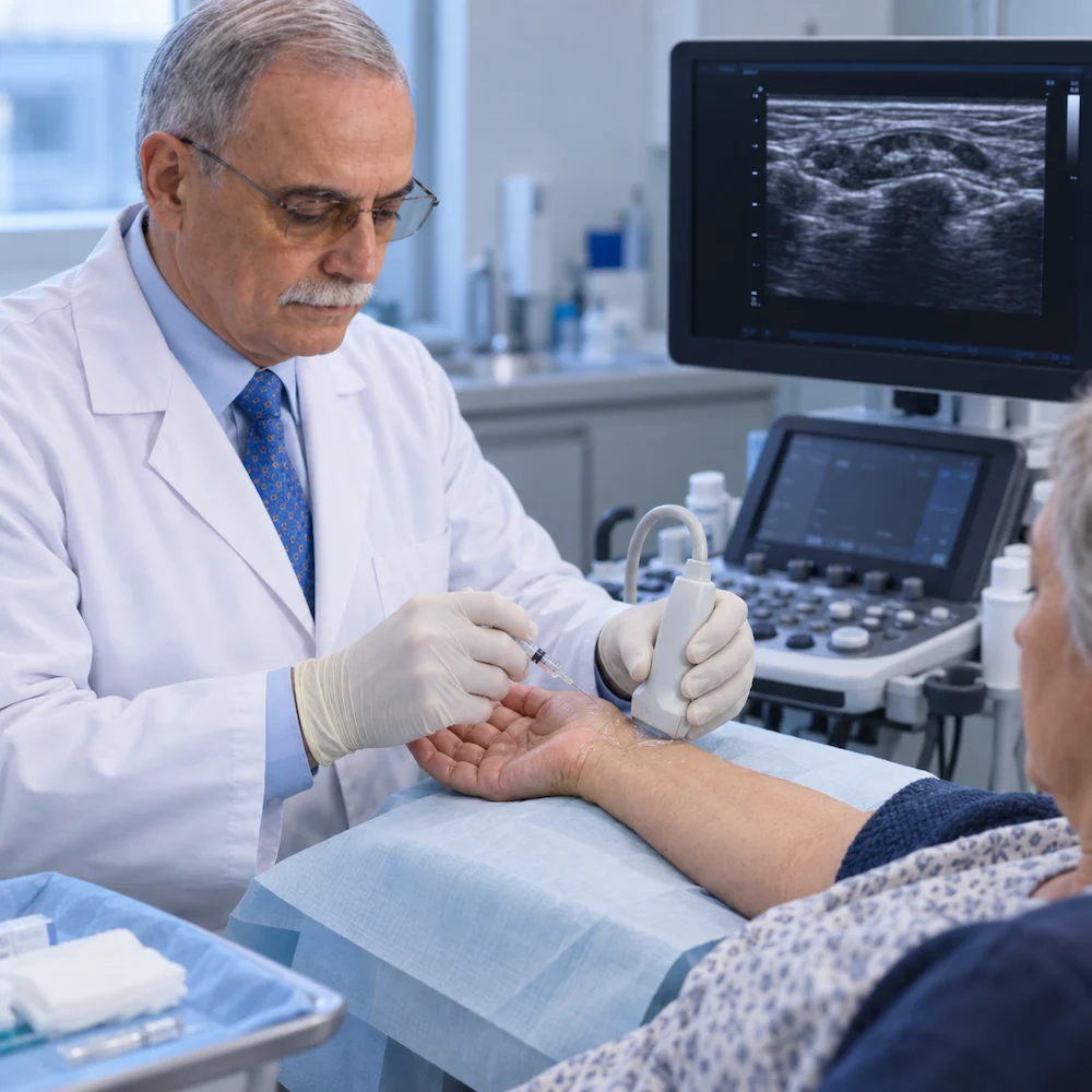 Aplicación guiada por ecografía de la terapia celular cerca del nervio mediano