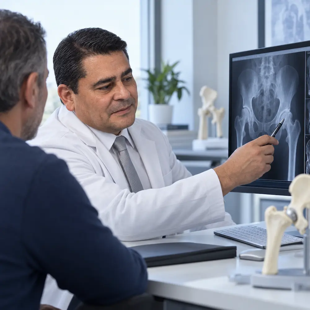 Consulta médica de evaluación para diagnosticar una lesión de cadera