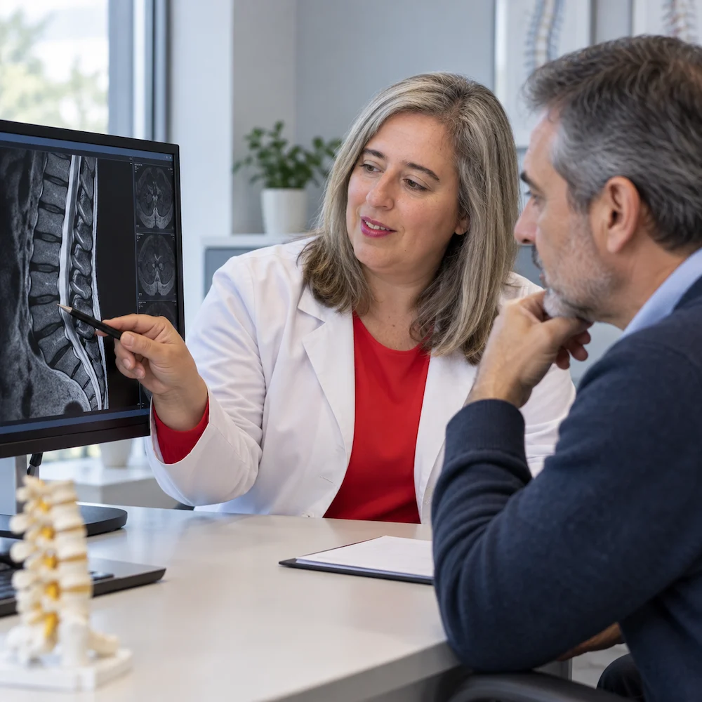 Consulta médica de evaluación para diagnosticar una lesión de columna lumbar