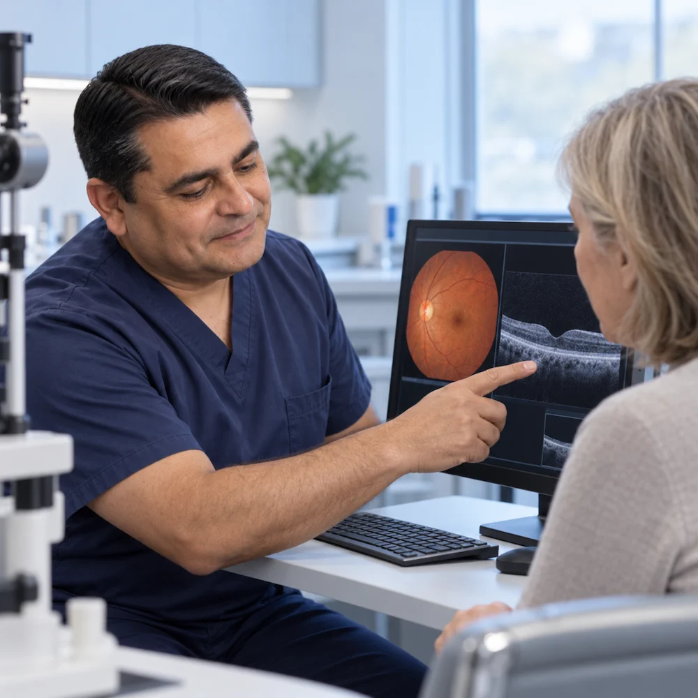 Evaluación — tratamiento de retina Evaluación oftalmológica: tomografía de coherencia óptica y fondo de ojo