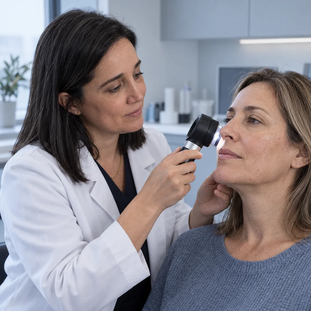 Consulta médica de evaluación del estado de la piel y las áreas a tratar