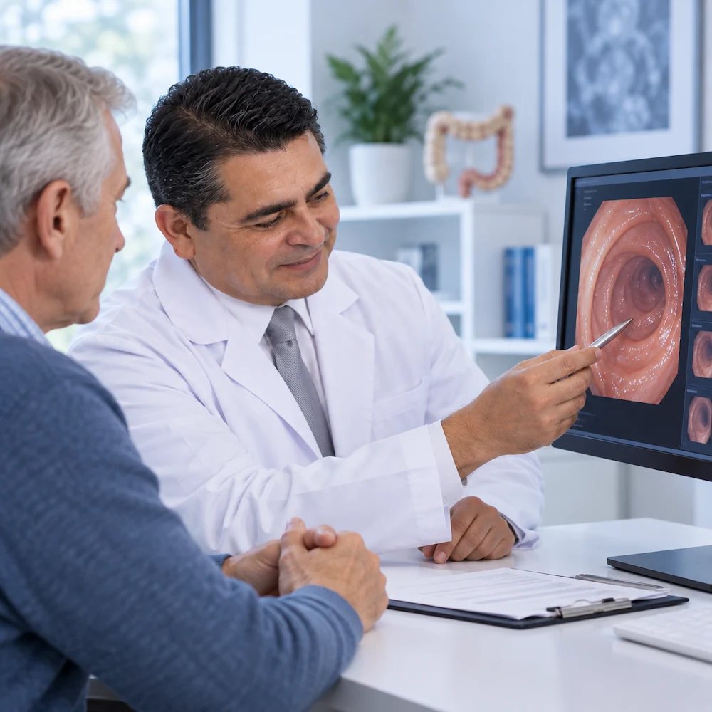 Consulta médica de evaluación digestiva con estudios endoscópicos
