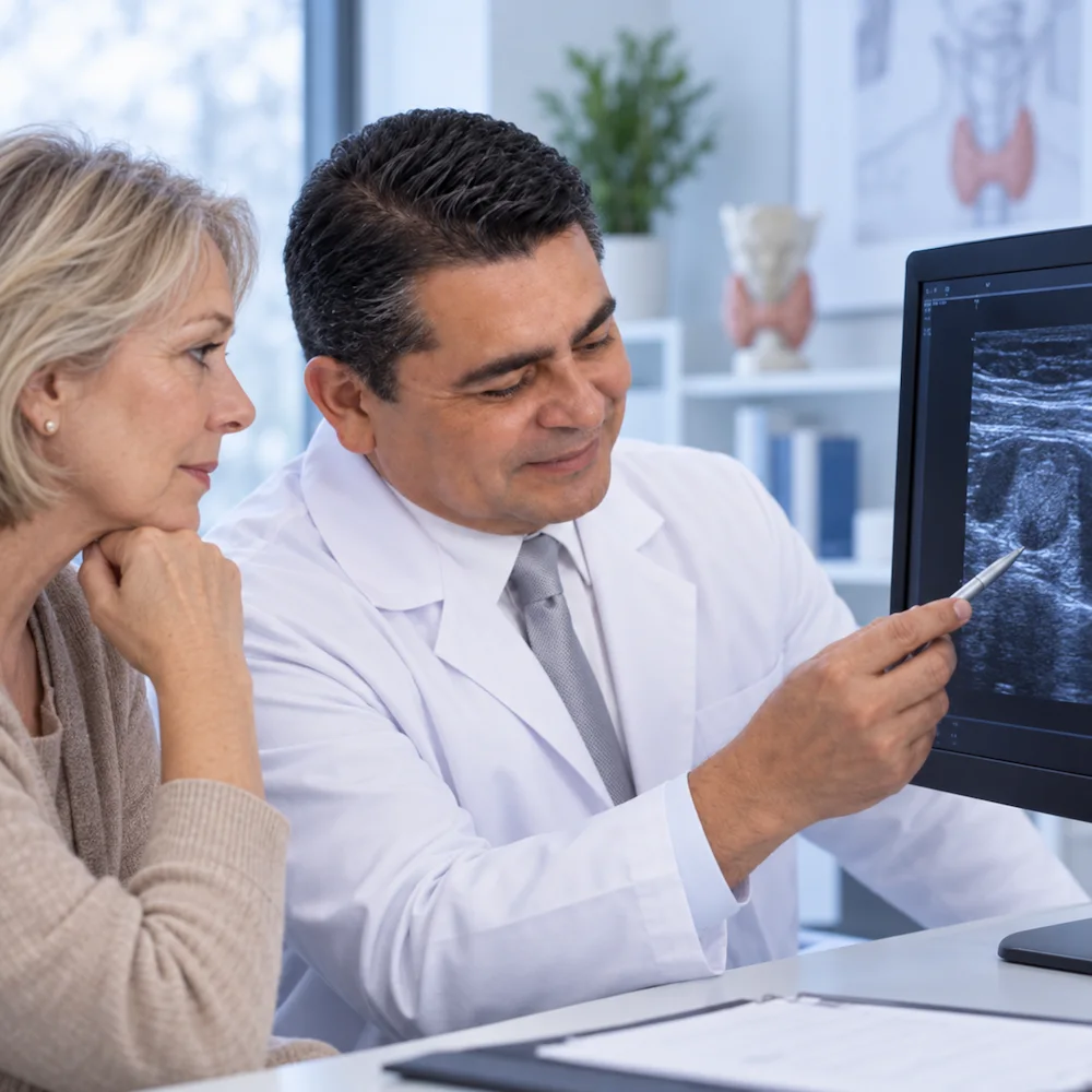 Evaluación de la tiroides - Paso 1 del tratamiento Consulta médica de evaluación estructural y funcional de la glándula tiroides