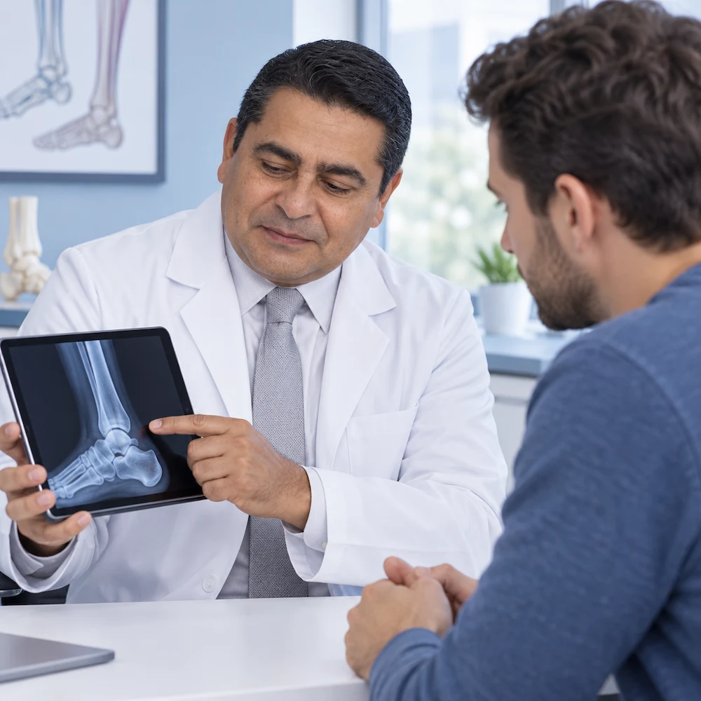 Consulta médica de evaluación para diagnosticar una lesión de tobillo