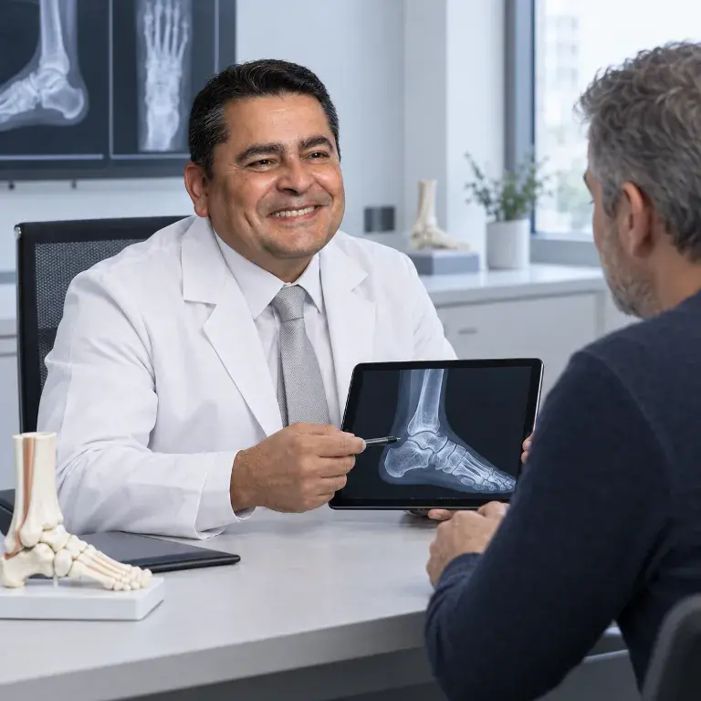 Consulta médica revisando estudios por imágenes del pie para identificar las estructuras afectadas