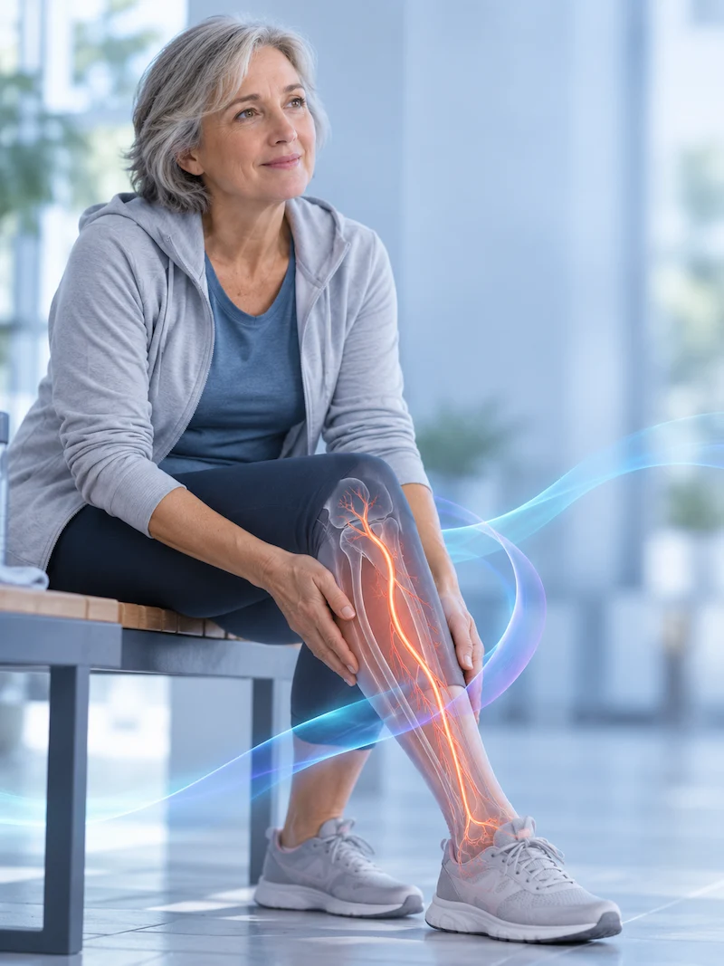 Persona con dolor al caminar por compromiso circulatorio, tratamiento celular vascular en LYRACELL