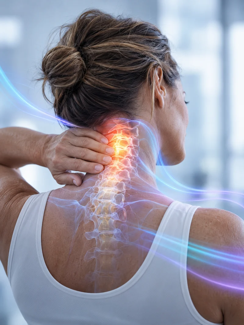 Tratamiento celular para el dolor de columna cervical en LYRACELL Persona con dolor y rigidez en el cuello, tratamiento celular para la columna cervical en LYRACELL