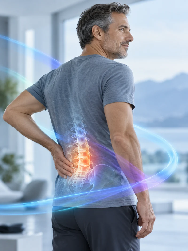 Persona con dolor lumbar y rigidez de espalda, tratamiento celular para la columna lumbar en LYRACELL