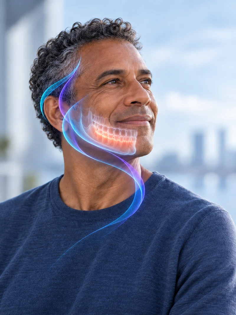 Persona con sensibilidad y retracción de encías, tratamiento celular para las encías en LYRACELL