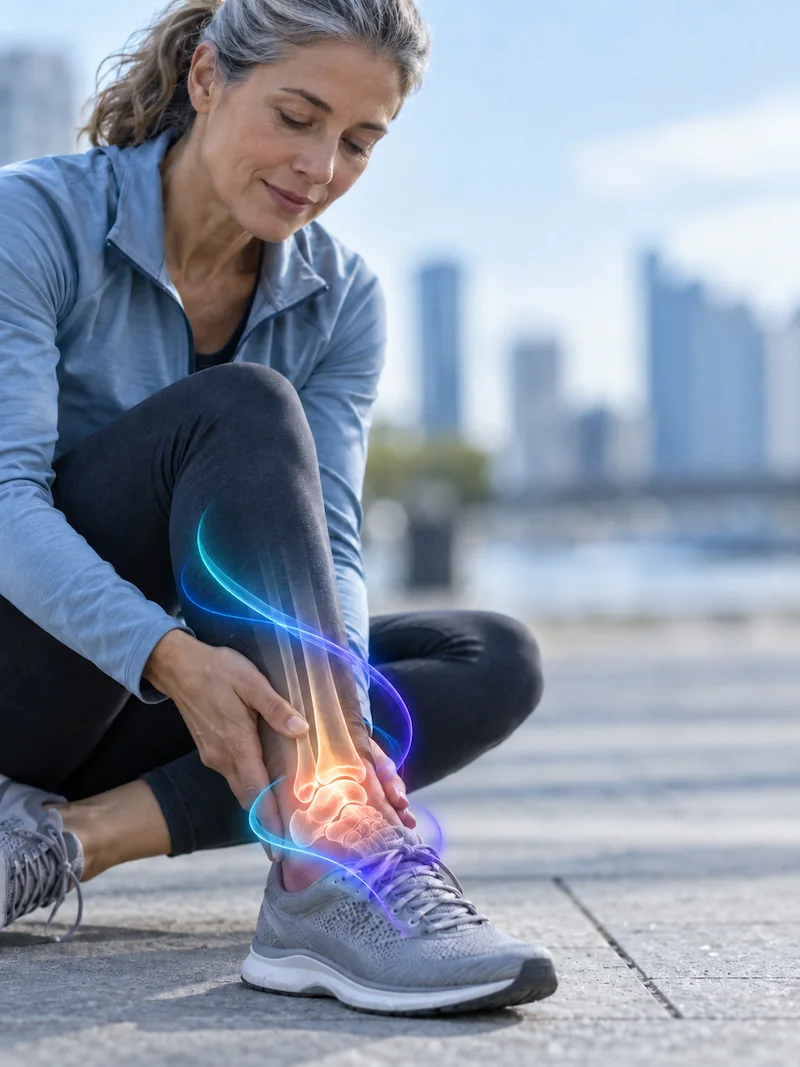 Persona sosteniéndose el tobillo por dolor articular, tratamiento celular en LYRACELL