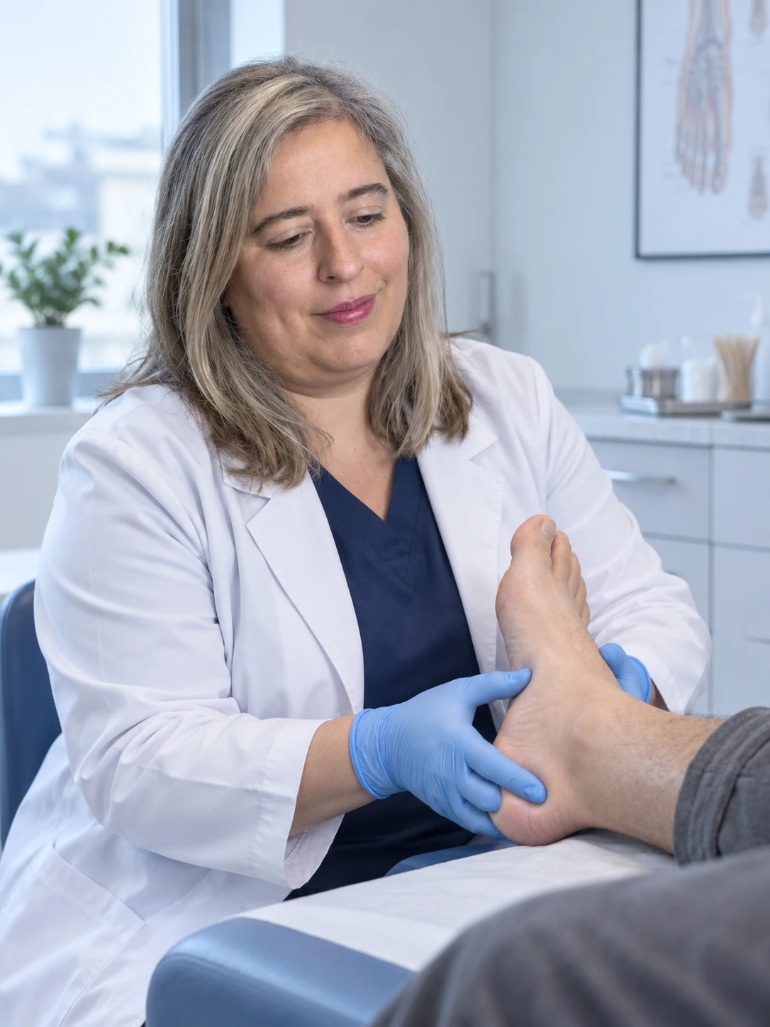 Profesional de salud examinando el pie de un paciente para identificar la estructura afectada